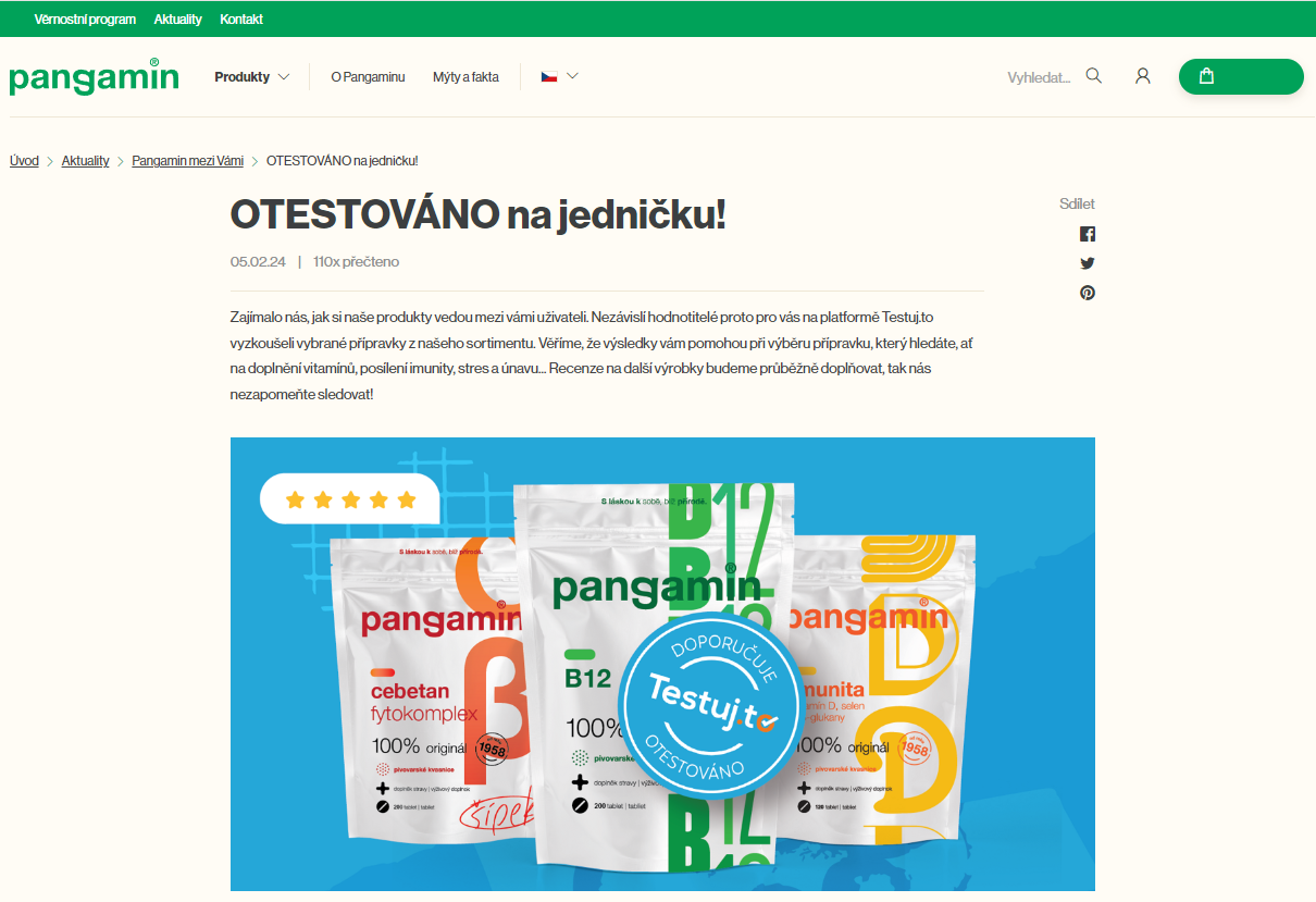 Razítko Testuj.to v článku na webu Pangamin