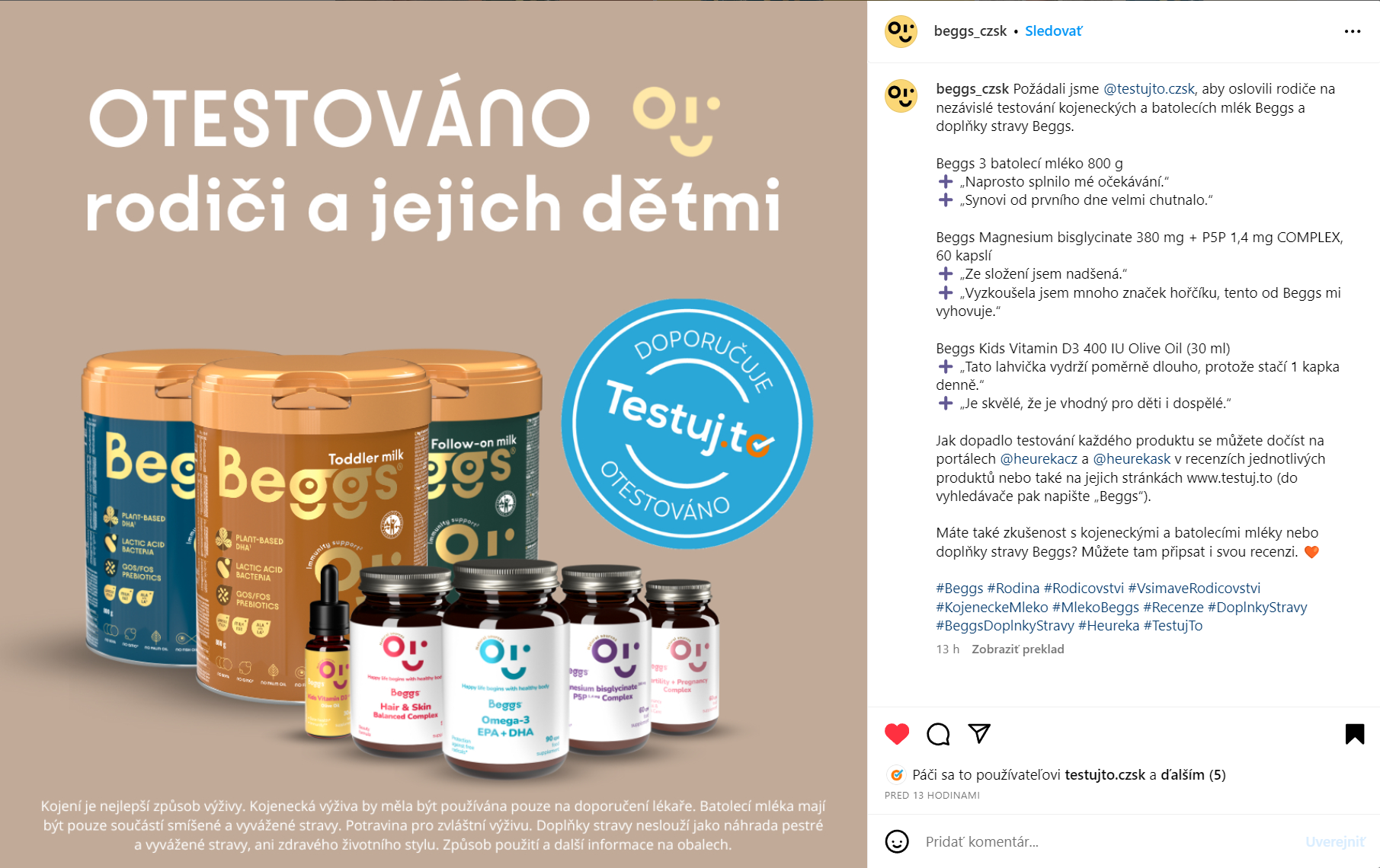 Razítko Testuj.to v Instagram příspěvku značky Beggs
