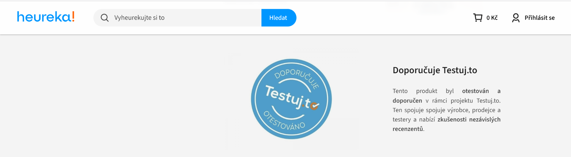 Razítko Testuj.to na produktové stránce Heureky