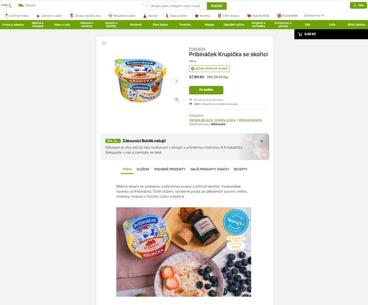 Razítko Testuj.to v popisu produktu na Rohlík.cz